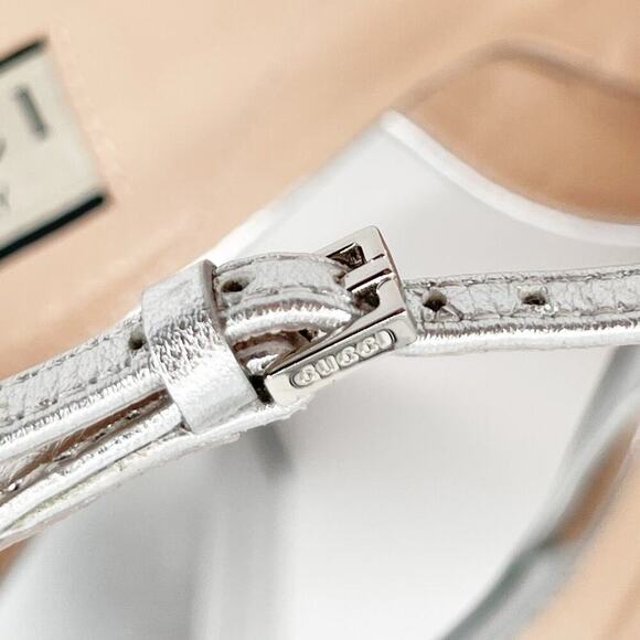 Gucci Silver Metallic Crystal GG Platform Ankle Strap Block Heel Pumps EU 37.5 - Picture 13 of 16